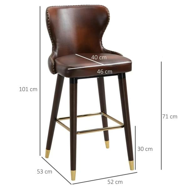 Brown PU leather bar stool with curved back, footrest, and dark wood legs
