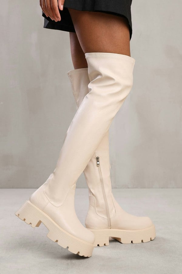 Where's That From Thea Over the Knee Boot With Chunky Sole in Cream Faux Leather