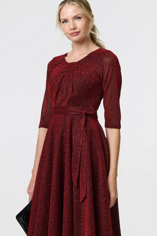 Red | Glitter Mesh Twist Front Midi Dress
