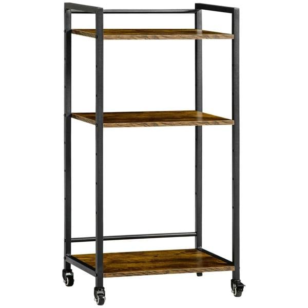 3-tier rolling utility cart with black frame and three rustic brown open shelves