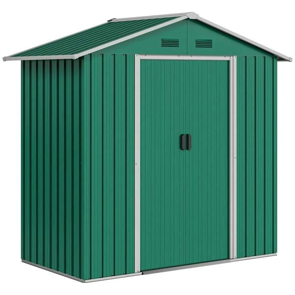 Green metal garden storage shed with sliding double doors, gable roof, and four vents