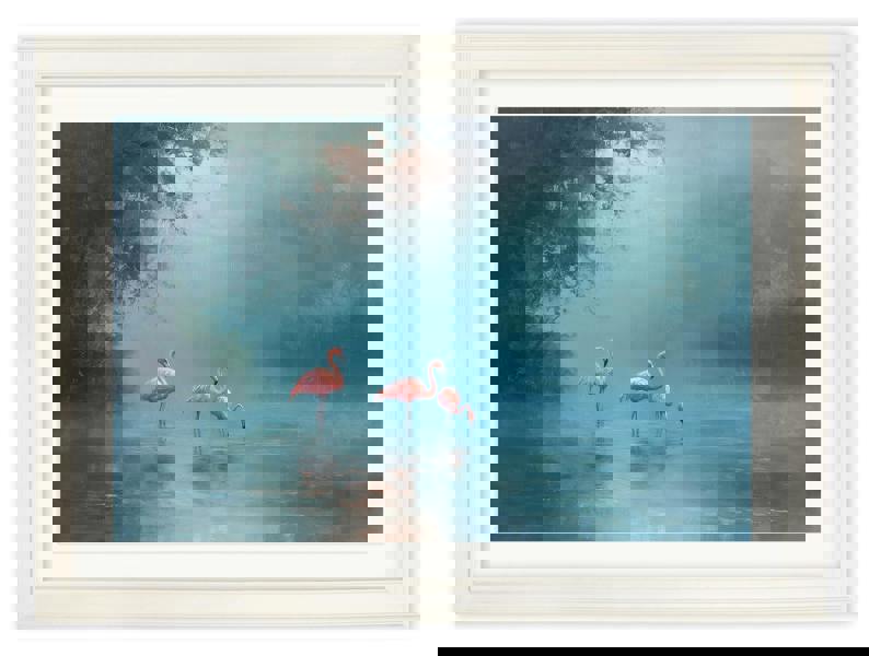 Exceptional Art Misty Lake Flamingos - Cream Hurstwood frame