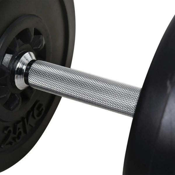 Textured silver knurled grip on a black barbell with weight plate on the end