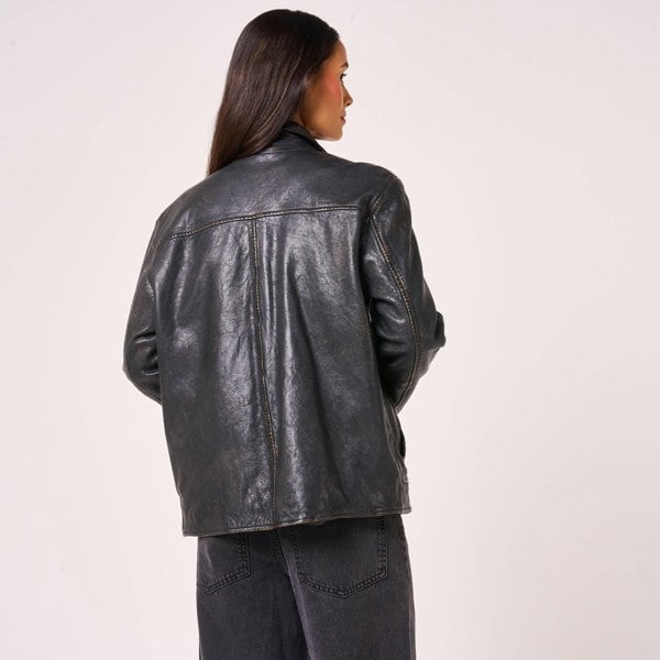 Barneys Originals Women's Oversized Vintage Look Leather Trucker Jacket