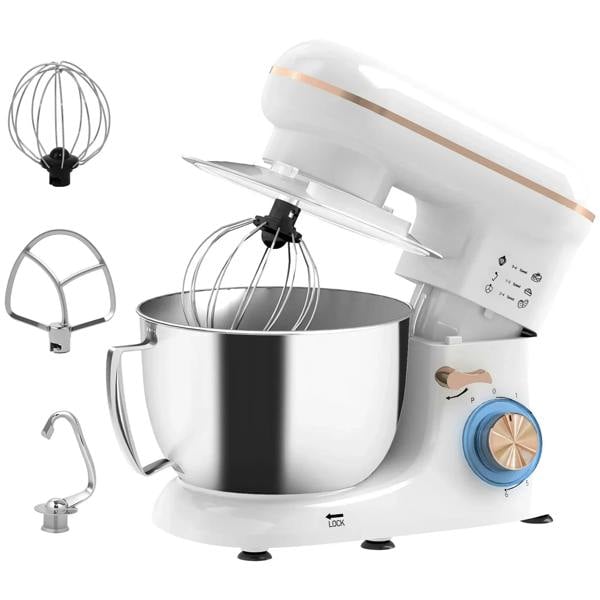 White kitchen stand mixer with stainless bowl and included beaters, whisk, and dough hook