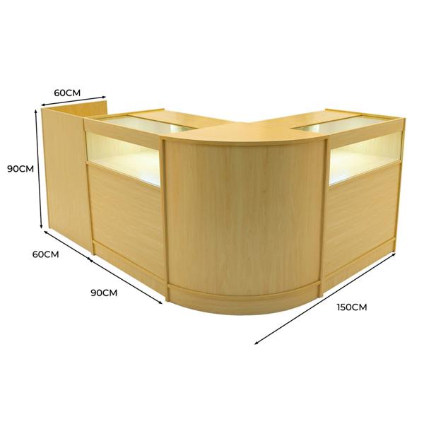Luna LED Shop Counter Set in maple finish, featuring a modern curved design with glass display sections and LED lighting