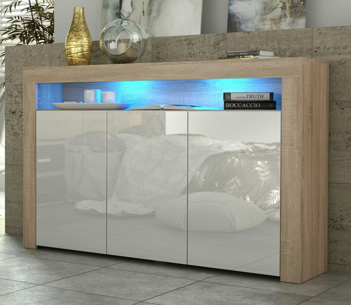 Mex Furniture 155cm Sideboard TV Stand Cupboard Cabinet - White High Gloss Doors & Free LED