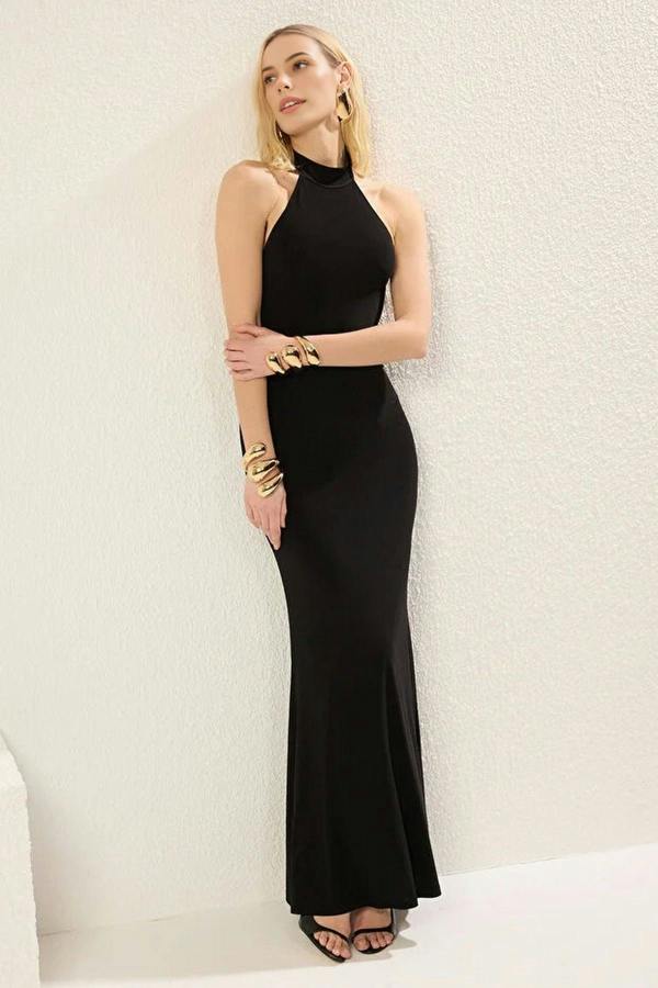 Halter Neck Buckle Detail Maxi Evening Dress