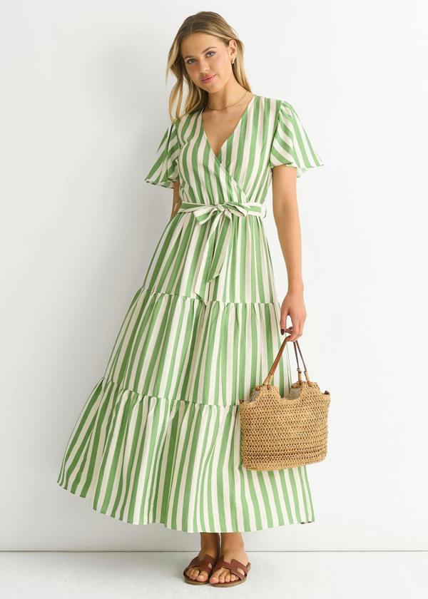 Gini London Sage Green Stripe Wrap Belted Viscose Midi Dress