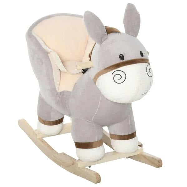 Grey plush donkey rocking toy with padded seat and wood base, safety belt