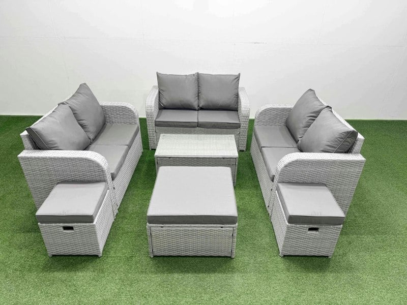 Fimous  8 Seater PE Wicker Rattan Furniture Sofa Sets with Rectangular Coffee Table 2 Seater Love Sofa 2 Stool 2 Side Table Light Grey