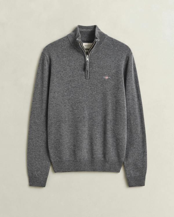 GANT Mens Superfine Lambswool Half Zip Sweater - 90 Charcoal Melange | CHO | Designer Mens Half Zip Jumpers