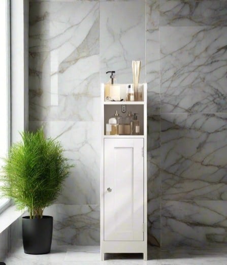 Modcraft Slim White Bathroom Floor Storage Cabinet – Narrow Freestanding Unit with Door & Adjustable Shelve
