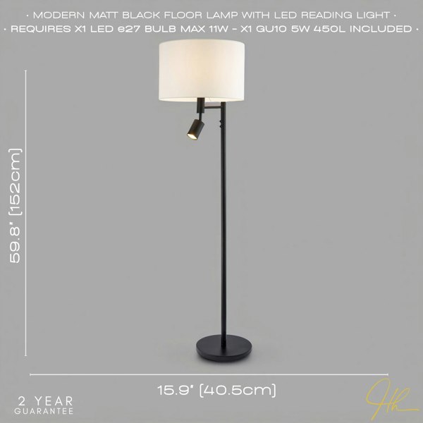 Modern Black Floor Light with LED Adjustable Spot Lamp and White Cotton Shade Image 6