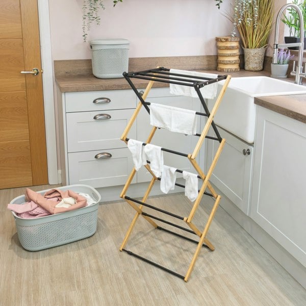 JVL Bamboo Extendable 3 Tier Concertina Clothes Airer, Brown