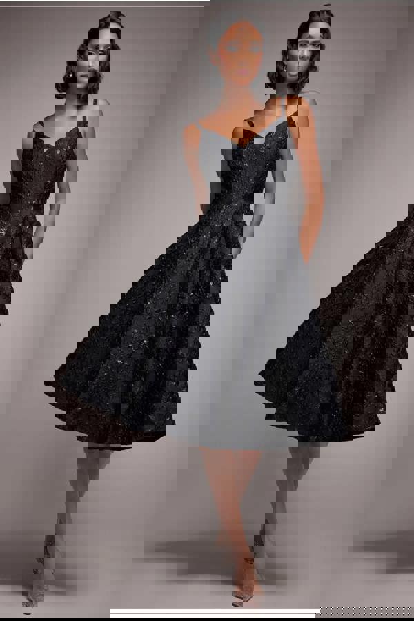 Jacquard Sleeveless A-line Midi Dress - Black DR4163