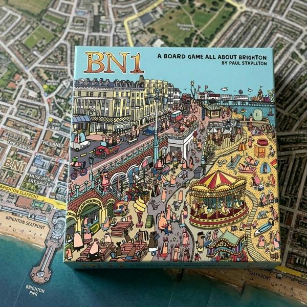 BN1 A Board Game All About Brighton box displayed flat from a top-down view over its illustrated map game board.