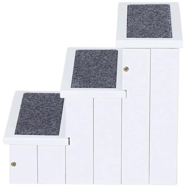 White 3-step pet stairs with dark carpet treads and brass-style door hardware