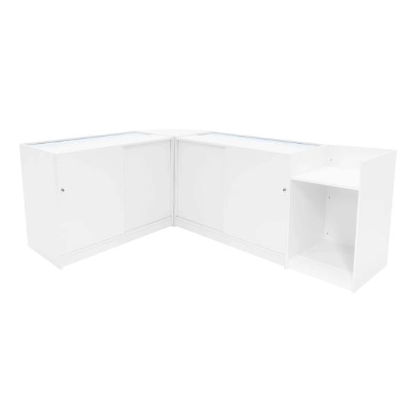 White Phoenix LED Shop Counter Set featuring sleek design with smooth surfaces, corner unit, and glass display top for showcasing products