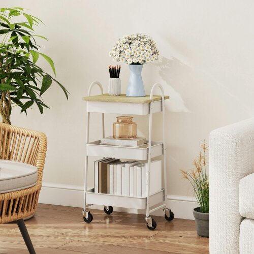 Wyld Haus Satoro Wooden White And Oak 3 Tier Kitchen Trolley With Covered Top