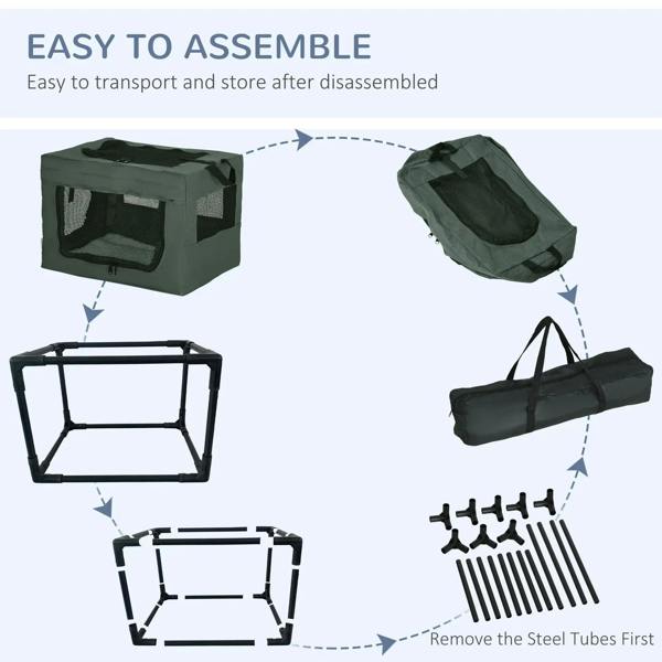 Grey foldable pet carrier showing carry bag and steel-frame assembly parts