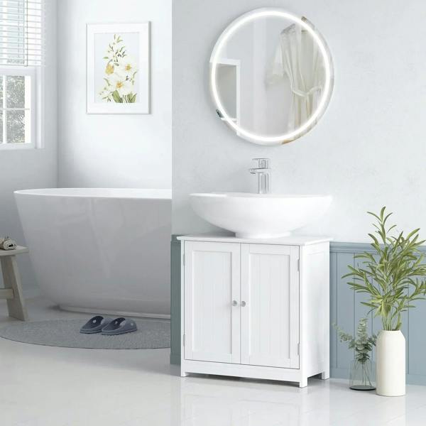 White under-sink bathroom cabinet with two doors beneath a basin, simple panel design