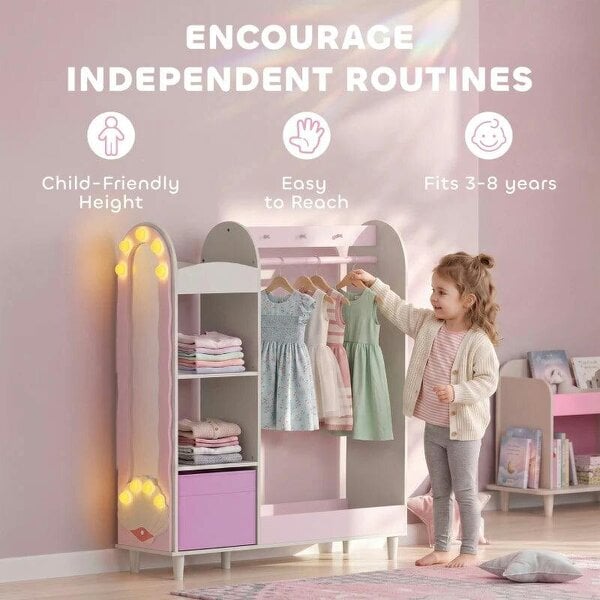Kids Clothing Rack, Kids Wardrobe with Glowing Lights Mirror, Non-Woven Drawer and Shelves for Bedroom, Ages 3-8, Pink