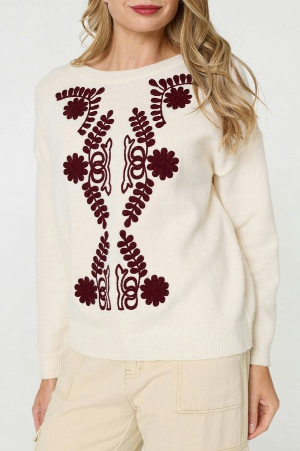 Cream | Embroidered Print Drop Shoulder Jumper