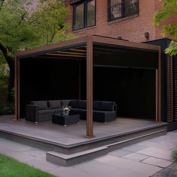 Jardi Wood Effect Aluminium Pergola With Blinds & LED Lights - 3m x 3m