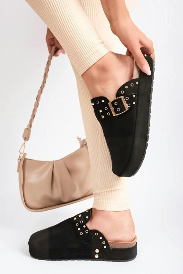 Laina Studded Buckle Slip-on Sandals - Black