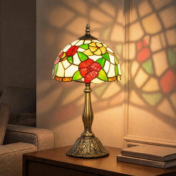 HOMCOM Stained Glass Table Lamp, Handmade Antique Bedside Lamp