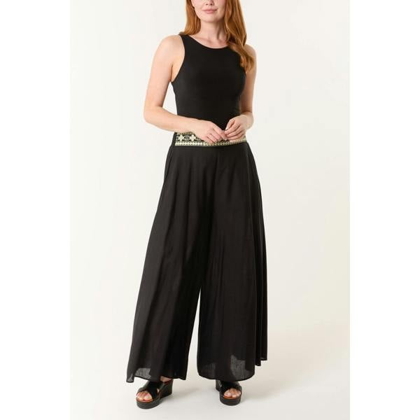 Blue Vanilla Wide Leg Embellished Linen Trousers