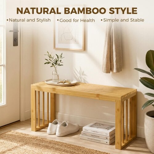 HOMCOM 90 cm Bamboo Shoe Bench, Backless Hallway Bench Seat, Natural