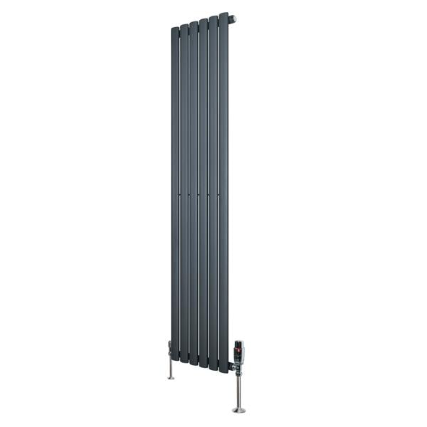 Oval single column radiator in anthracite grey, 1600mm x 360mm, featuring sleek vertical lines and modern valve design