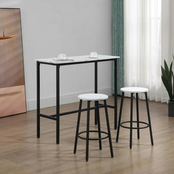 Black bar table with white marble-effect top and two white round stools