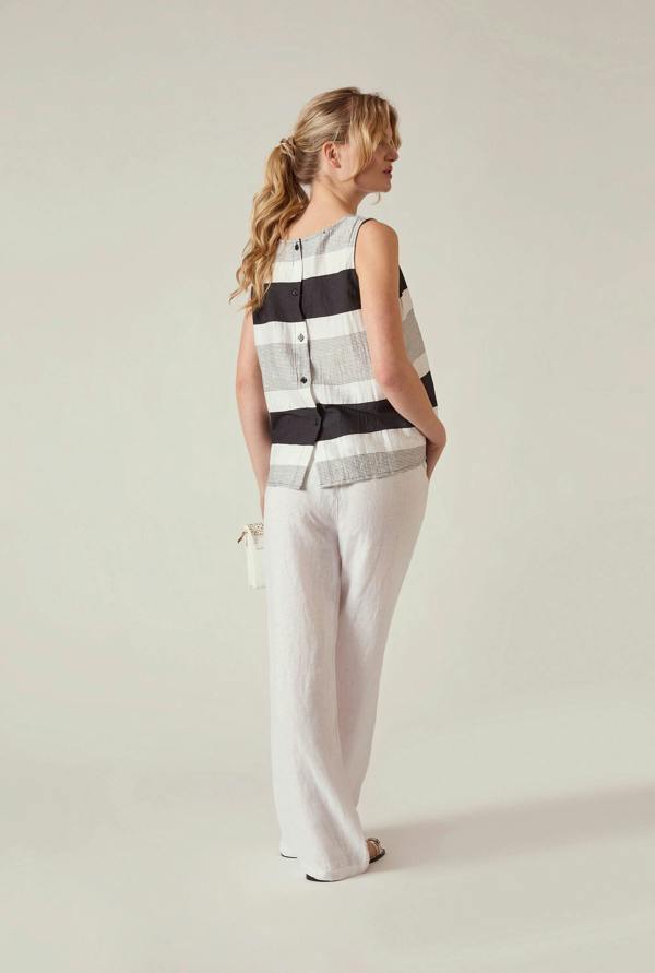 James Lakeland Striped Linen Blend Sleeveless Button-Back Top