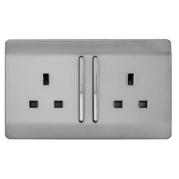 Trendi Switch 2 Gang Long Switched Plug Socket in Brushed Steel