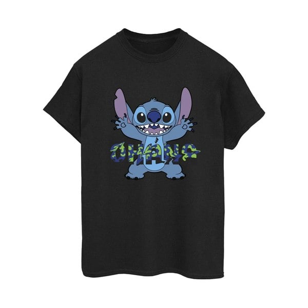 Disney Womens/Ladies Lilo And Stitch Ohana Blue Glitch Cotton Boyfriend T-Shirt - Black