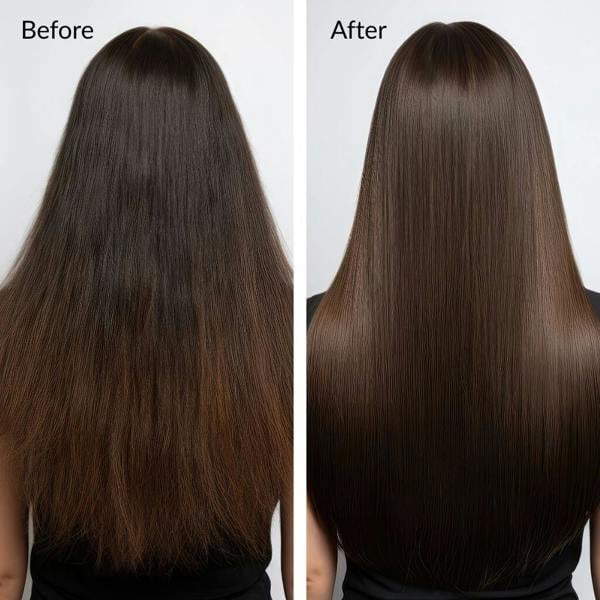 Before and after comparison of hair treatment on a person with long, straight hair. Luxury hair repair oil formulated with argan, almond and marula oils for intense nourishment