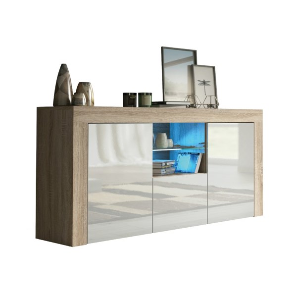 Mex Furniture 145cm Modern TV Unit, Cabinet Stand & Sideboard, with White Gloss Doors & Free LED