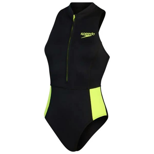 Speedo womens black sleeveless thermal swimsuit with neon yellow zipper