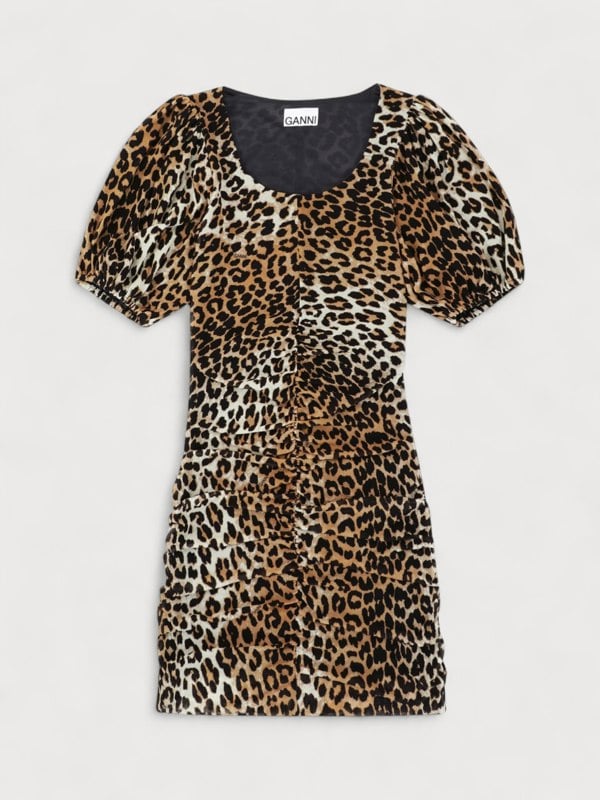 GANNI Ruched Mesh Mini Dress Leopard Print - Womens