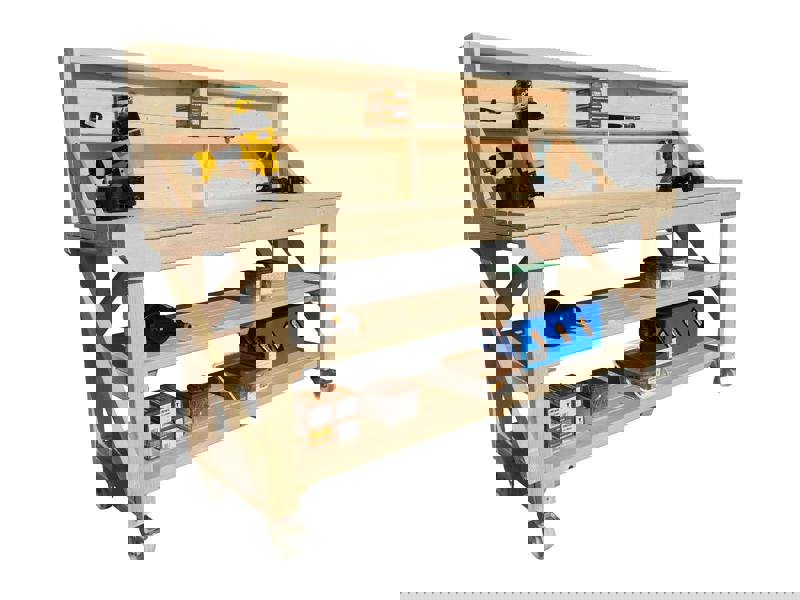 Acorn kiln-dried wooden workbench with back panel, double shelf and wheels ideal for workshops and garages