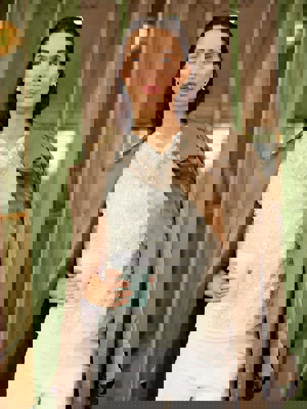 GWD Imara Floral Embroidery, Sheer Mesh Sparkle Top