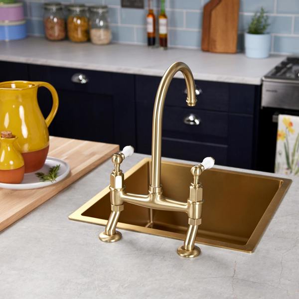 Flode Larvik | Kitchen Dual Lever Bridge Mixer Tap | Brushed Brass Finish