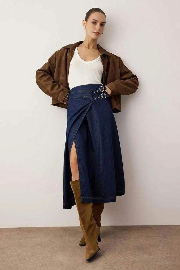 WOVCOR Double-Breasted Midi Denim Skirt with Belt Detail