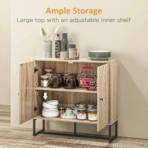 Oak storage cabinet with open shelves and chevron door panel, black metal base