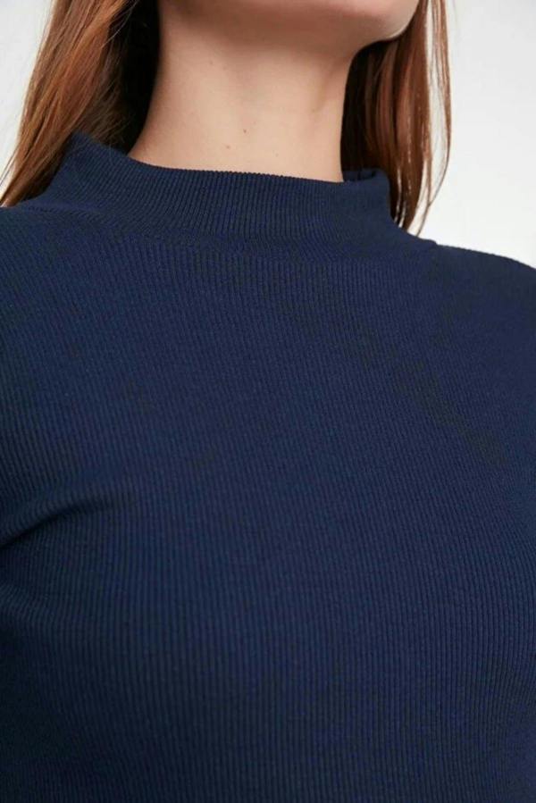 WOVCOR Fitted Stand Collar Long Sleeve Ribbed Knit Blouse