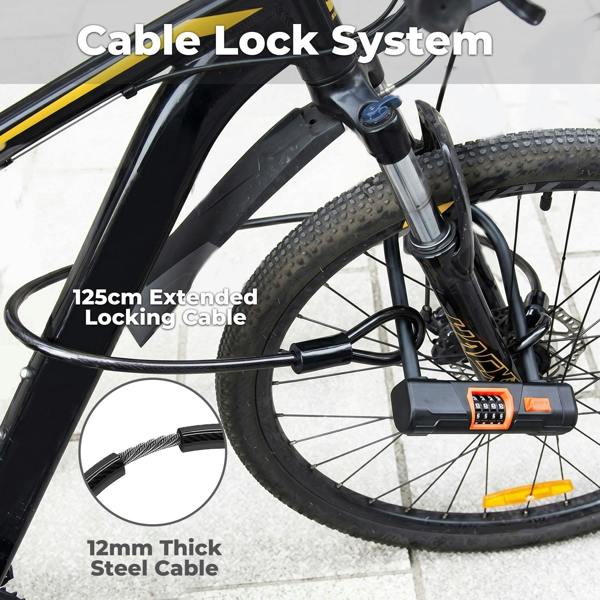 Bike Lock Combination D Lock with Cable 4 Digit Alloy Steel Black Orange