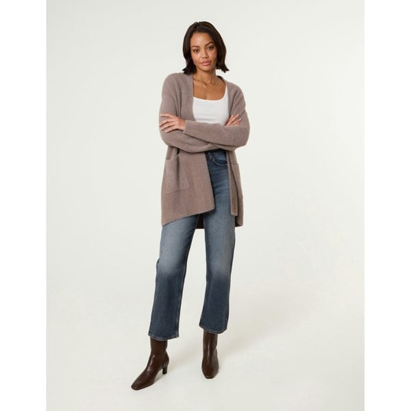 Blue Vanilla Fluffy Fleece Open Midi Cardigan - Light Brown